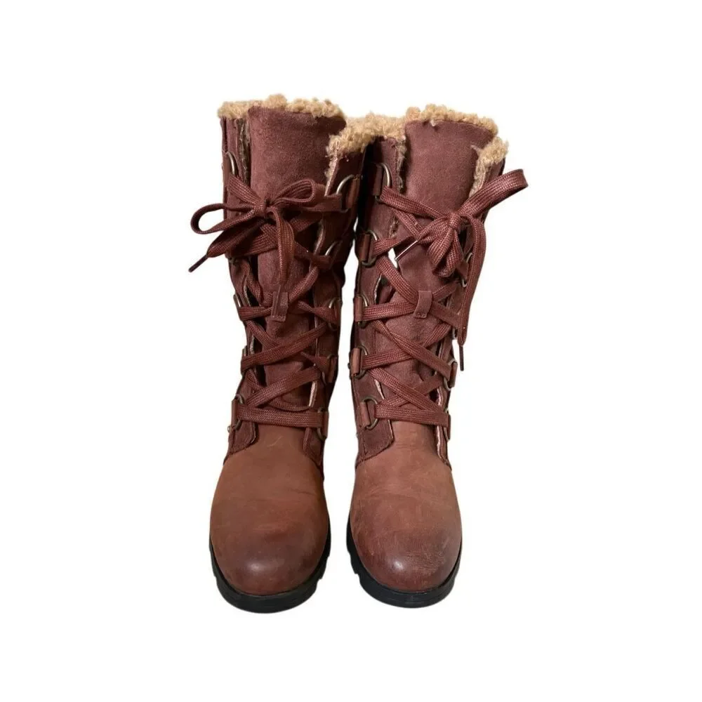 Sorel Emelie‎ Lace Up Tall Leather Boots size 8 Tobacco Brown